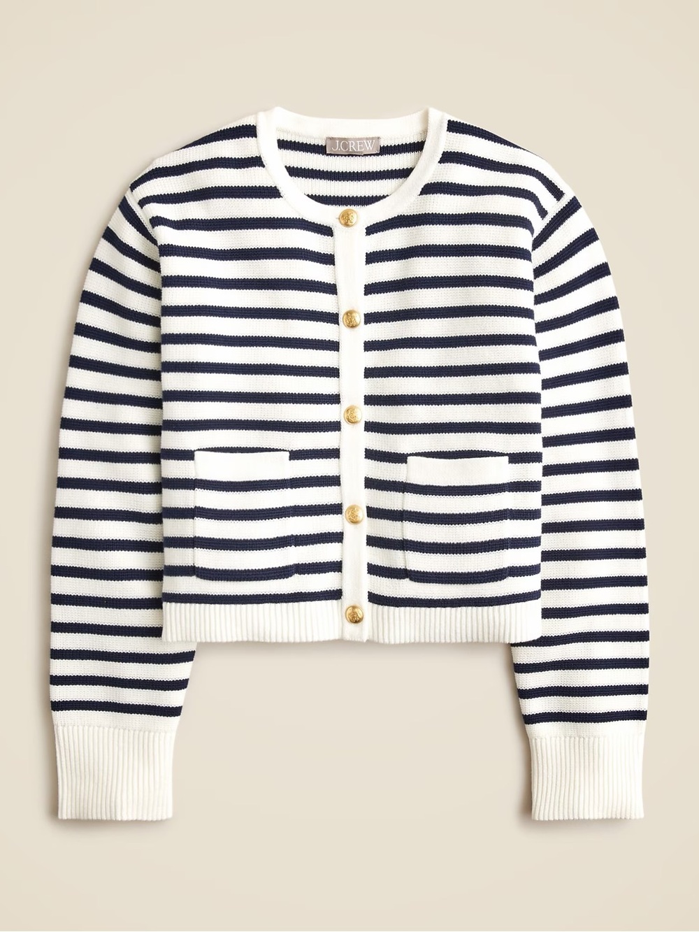 J Crew White and Navy Emilie Lady Jacket Striped Knit Cardigan with Gold Buttons
